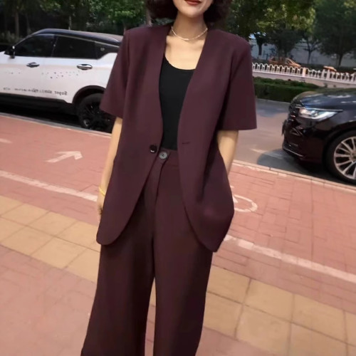 2830大碼女裝薄款小西裝九分濶腿褲套裝胖mm小個子西服一整套