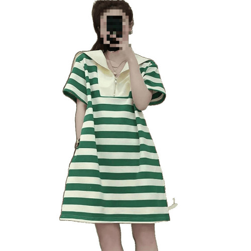 大碼胖夏季條紋遮肚子短袖連衣裙女250斤減齡寬松休閒韓系裙子