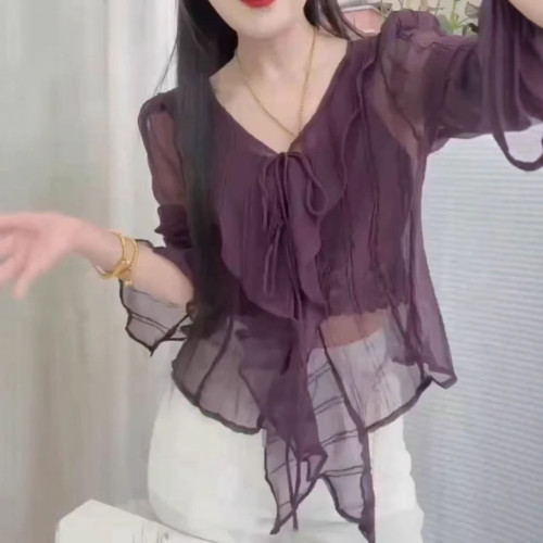25333大愛美依緣2025夏季新款甜美荷葉邊喇叭袖上衣高腰修身褲女