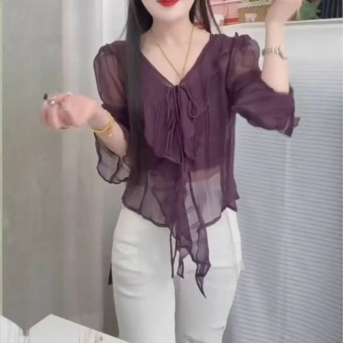 25333大愛美依緣2025夏季新款甜美荷葉邊喇叭袖上衣高腰修身褲女