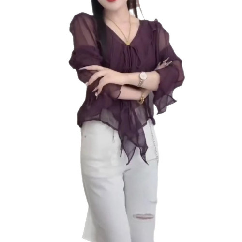 25333大愛美依緣2025夏季新款甜美荷葉邊喇叭袖上衣高腰修身褲女