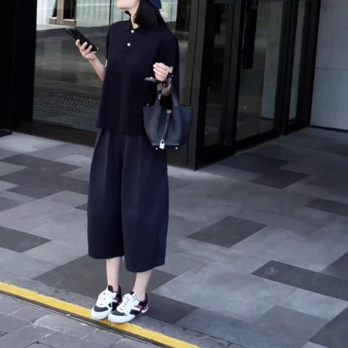 25329大愛美依緣2025夏季新款polo領寬松短袖上衣休閒濶腿褲女潮