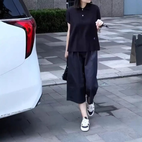25329大愛美依緣2025夏季新款polo領寬松短袖上衣休閒濶腿褲女潮