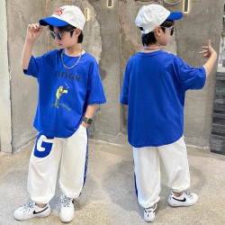 兒童裝男童夏裝套裝2025新款中大童洋氣韓版短袖長褲棉兩件套潮