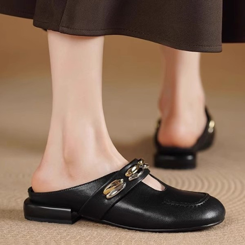 法式內增高包頭半拖鞋女2025新款夏真皮一字帶瑪麗珍鞋涼拖懶人拖