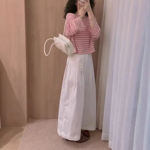 25350大愛美依緣2025夏季新款條紋長袖防曬T恤休閒濶腿褲減齡顯瘦