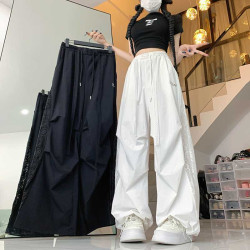 2025韓版美式潮牌蕾絲拼接褶皺工裝褲女夏松緊腰爵士舞辣妹運動休