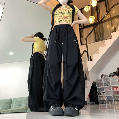 2025韓版美式潮牌蕾絲拼接褶皺工裝褲女夏松緊腰爵士舞辣妹運動休