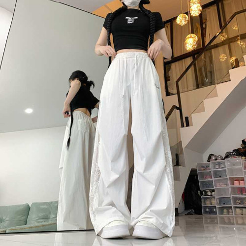 2025韓版美式潮牌蕾絲拼接褶皺工裝褲女夏松緊腰爵士舞辣妹運動休