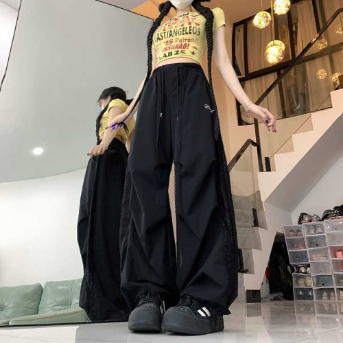 2025韓版美式潮牌蕾絲拼接褶皺工裝褲女夏松緊腰爵士舞辣妹運動休