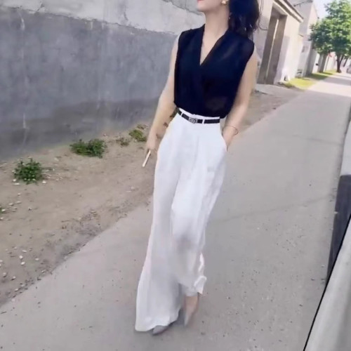 25388大愛美依緣2025夏季新款時尚無袖V領上衣高腰濶腿長褲高級感