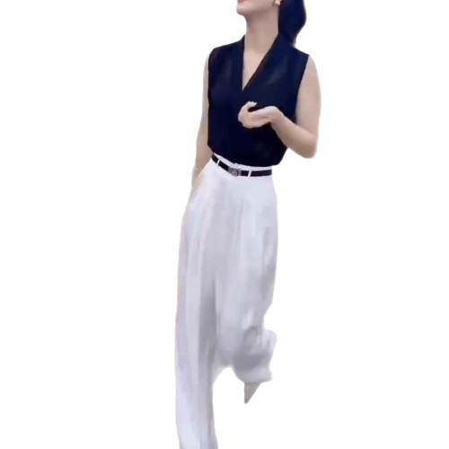 25388大愛美依緣2025夏季新款時尚無袖V領上衣高腰濶腿長褲高級感