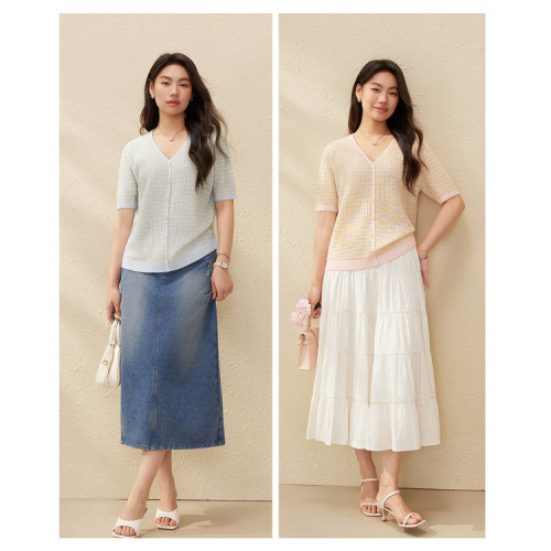 【燦若星河】歐若風短袖V領小香針織衫纖莉秀大碼女裝胖mm夏新款
