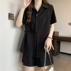 夏季辣妹百搭減齡休閒時尚別致短袖襯衫女輕松洋氣短褲上衣兩件套