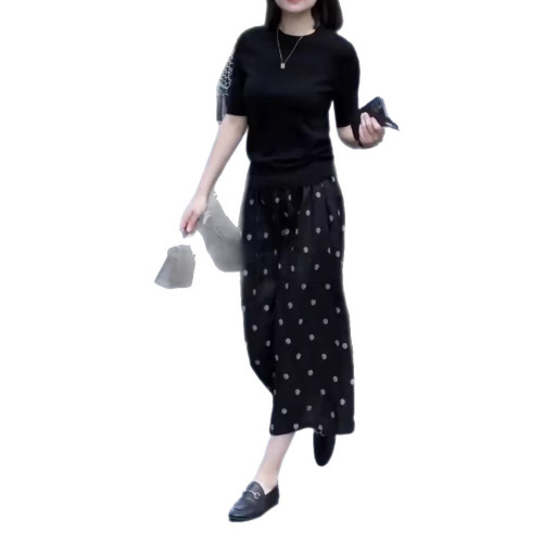 25336大愛美依緣2025夏季新法式簡約圓領短袖T恤高腰波點半身裙女
