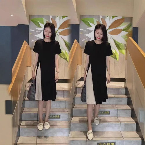  2510夏季新款拼接撞色百搭中長款過膝顯瘦百褶T恤裙連衣裙女