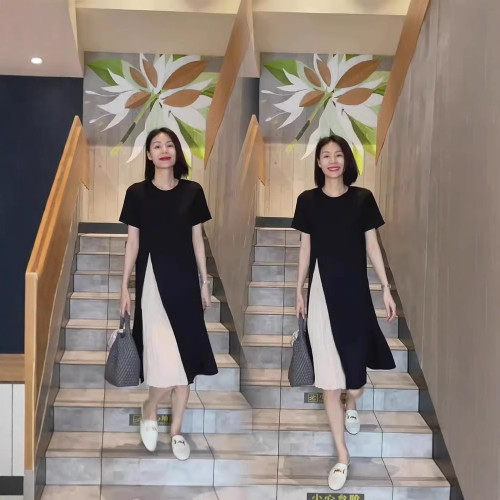  2510夏季新款拼接撞色百搭中長款過膝顯瘦百褶T恤裙連衣裙女