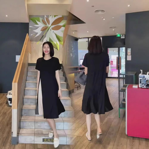  2510夏季新款拼接撞色百搭中長款過膝顯瘦百褶T恤裙連衣裙女