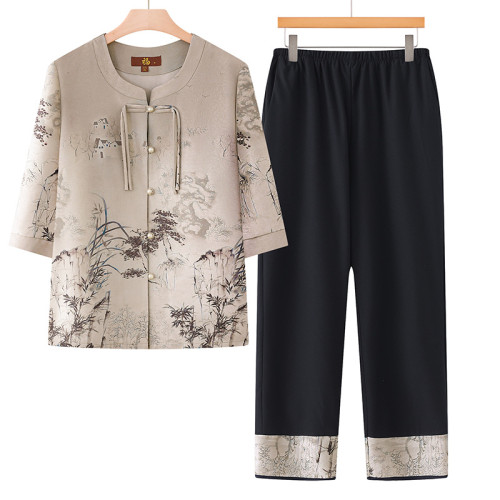 奶奶新中式套裝中老年人夏裝女媽媽中袖襯衫太太國風開衫老人衣服