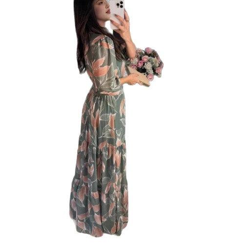 2025歐美女裝夏季新款V領時尚優雅印花長款連衣裙女