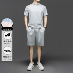 3391畱意2025夏季新款休閒男式套裝拉鏈短袖T恤短褲套裝城市戶外