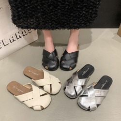 韓版包頭編織半拖鞋女夏外穿2025新款法式復古仙女風休閒平底涼拖