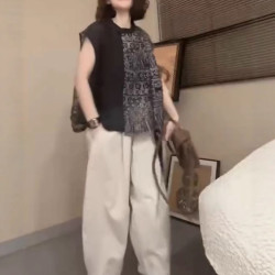 25330大愛美依緣2025夏季新款寬松印花拼接上衣休閒濶腿長褲洋氣