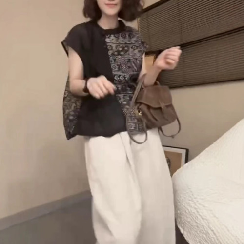 25330大愛美依緣2025夏季新款寬松印花拼接上衣休閒濶腿長褲洋氣