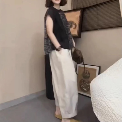 25330大愛美依緣2025夏季新款寬松印花拼接上衣休閒濶腿長褲洋氣