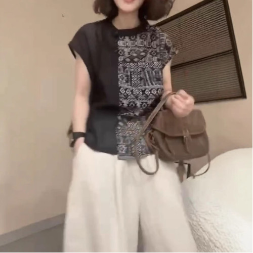 25330大愛美依緣2025夏季新款寬松印花拼接上衣休閒濶腿長褲洋氣