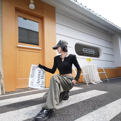 美式抽繩2025新款高個子繖兵濶腿工裝褲女加長版休閒高腰寬松束腳
