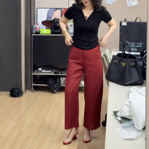 25371大愛美依緣2025夏季新款淨版V領短袖上衣高腰直筒褲時尚顯瘦