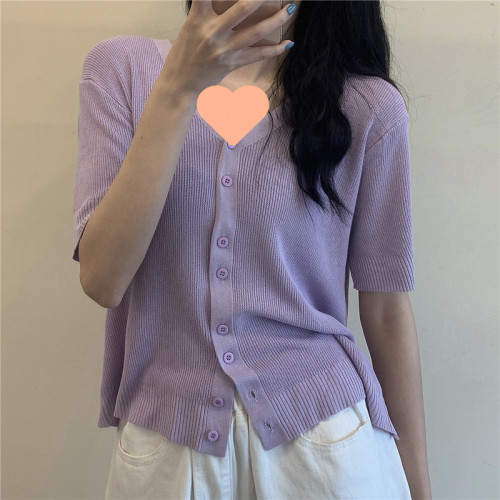 針織開衫女v領設計感小衆薄款寬松短袖港味復古色上衣洋氣時尚