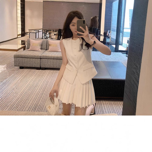 明星歐貨時尚馬甲套裝女夏季新韓版顯瘦小個子壓褶半身短裙兩件套