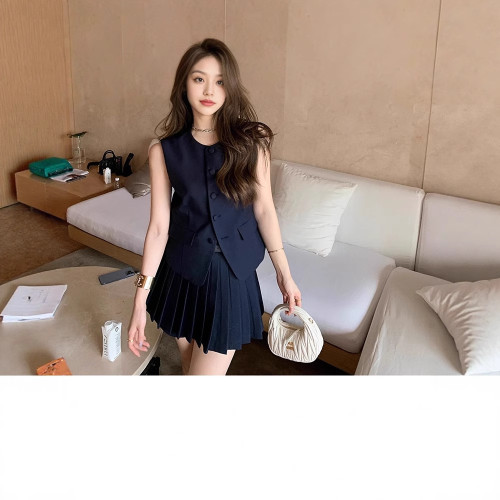 明星歐貨時尚馬甲套裝女夏季新韓版顯瘦小個子壓褶半身短裙兩件套