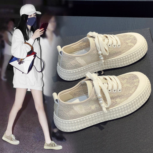 小香風漁夫鞋女2025夏季新款百搭厚底薄款板鞋蕾絲網面透氣女單鞋