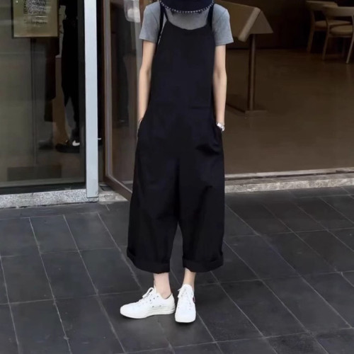 25386大愛美依緣2025夏季新款韓版時尚修身純色T恤+濶腿背帶褲潮