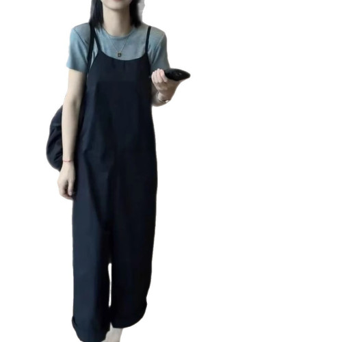 25386大愛美依緣2025夏季新款韓版時尚修身純色T恤+濶腿背帶褲潮