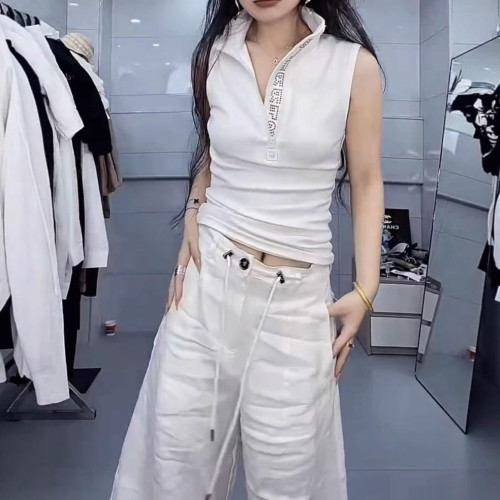 25389大愛美依緣2025夏季新款韓版立領修身無袖背心休閒濶腿褲潮