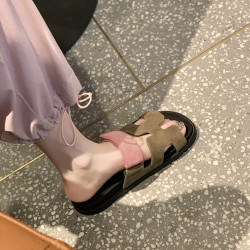 葡萄媽同款 魔術貼平底涼拖一字帶厚底外穿二舅H拖鞋女2023夏季新