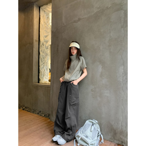 美式金屬掛環撞釘工裝褲女夏季2025新款高腰垂感休閒褲