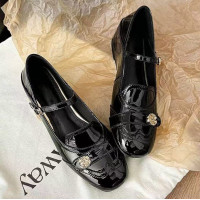 羊皮版~法式新款黑色山茶花樂福瑪麗珍鞋女內增高圓頭一字帶單鞋