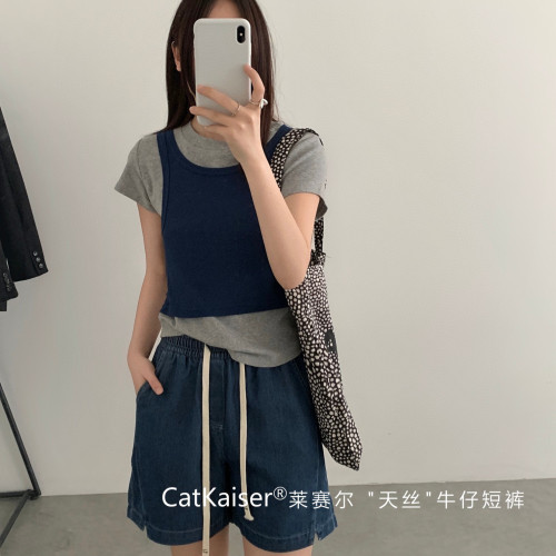 CatKaiser®萊賽爾天絲牛仔短褲夏季薄款高腰寬松顯瘦休閒五分褲