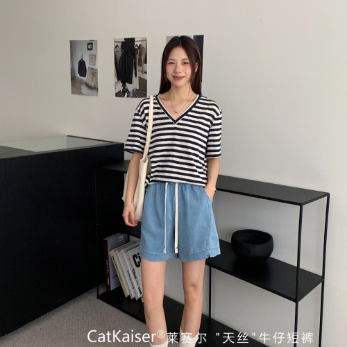 CatKaiser®萊賽爾天絲牛仔短褲夏季薄款高腰寬松顯瘦休閒五分褲