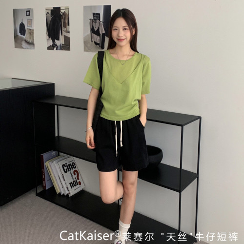 CatKaiser®萊賽爾天絲牛仔短褲夏季薄款高腰寬松顯瘦休閒五分褲
