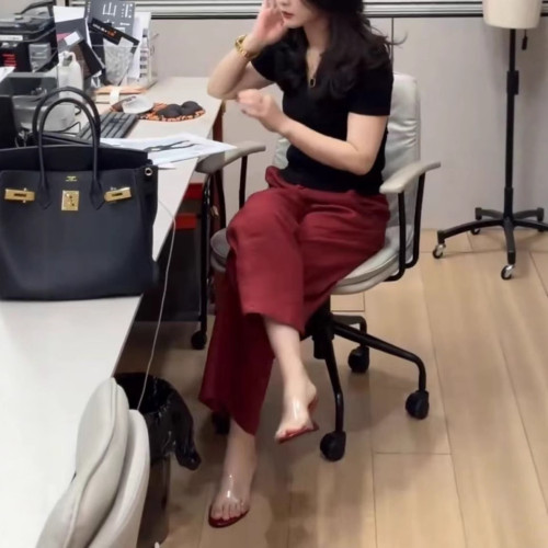 25371大愛美依緣2025夏季新款淨版V領短袖上衣高腰直筒褲時尚顯瘦
