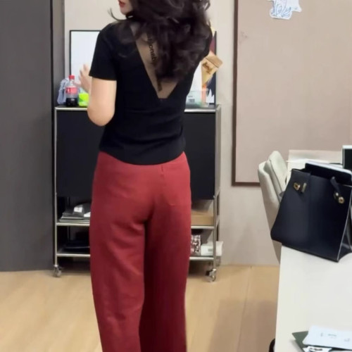 25371大愛美依緣2025夏季新款淨版V領短袖上衣高腰直筒褲時尚顯瘦