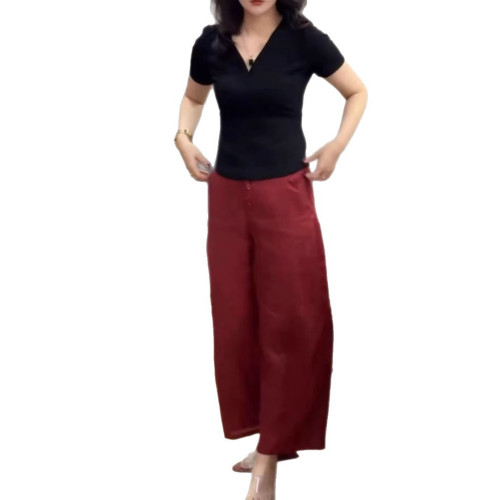 25371大愛美依緣2025夏季新款淨版V領短袖上衣高腰直筒褲時尚顯瘦
