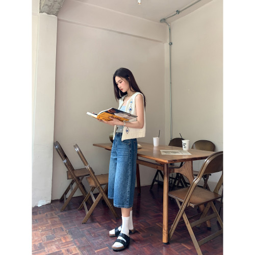 復古洗水牛仔中褲女夏季2025新款小個子寬松直筒濶腿褲