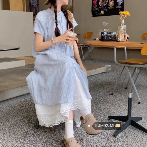 ccc新款藍色條紋短袖襯衫連衣裙女夏季韓版遮肉顯瘦寬松兩件套